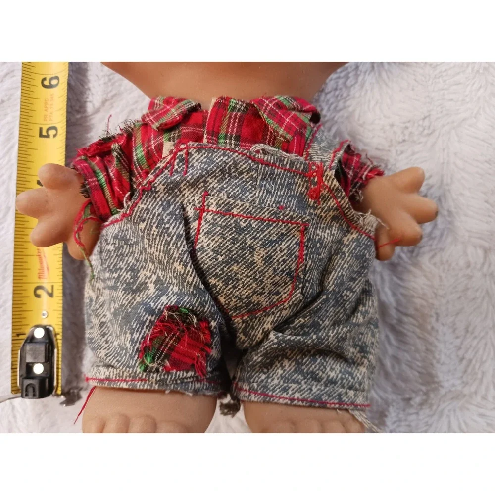 Uneeda WISHNIK Farmer Troll White Hair 8 Inch Doll with Bib Overalls Plaid Shirt